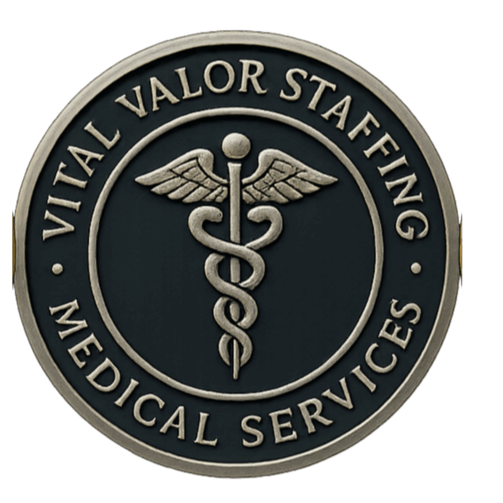 Vital Valor Staffing Medical Services emblem featuring a caduceus